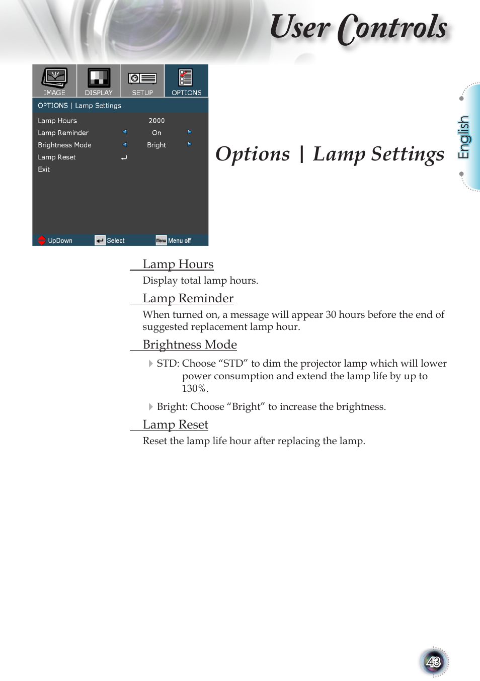 User controls, Options | lamp settings | Optoma TSFN-IR01 User Manual | Page 43 / 60