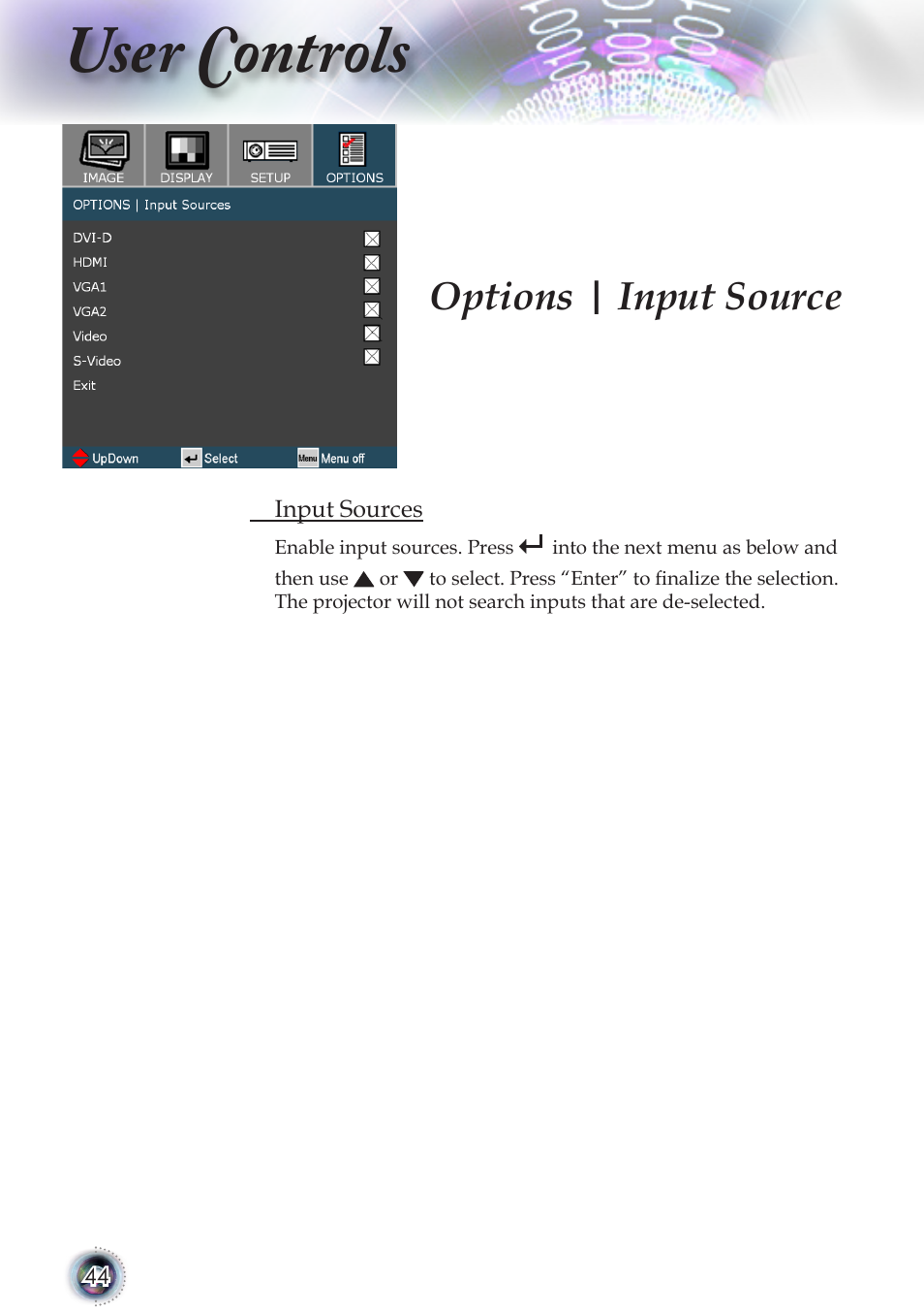 User controls, Options | input source | Optoma TSFN-IR01 User Manual | Page 44 / 60