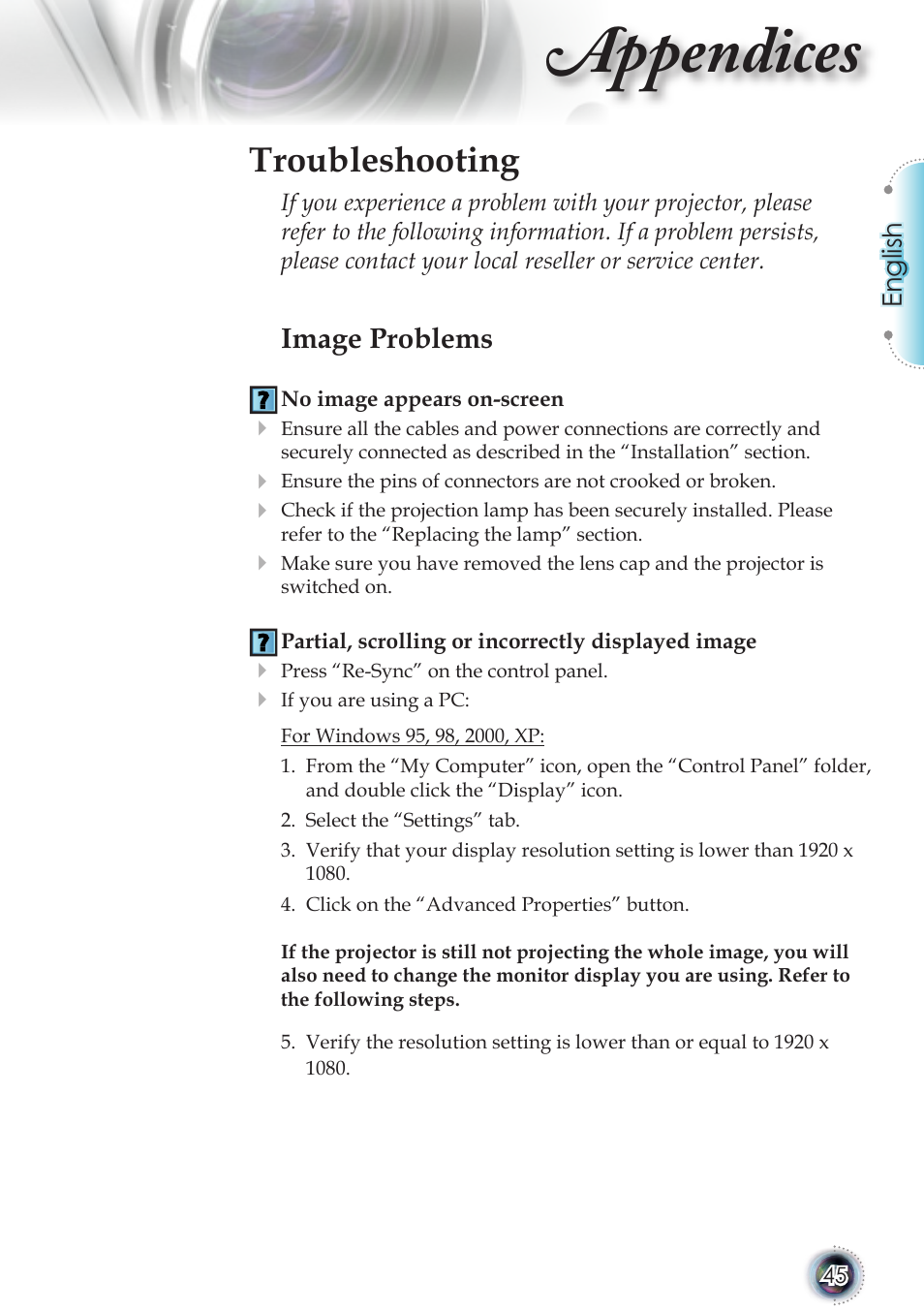 Appendices, Troubleshooting, Image problems | English | Optoma TSFN-IR01 User Manual | Page 45 / 60
