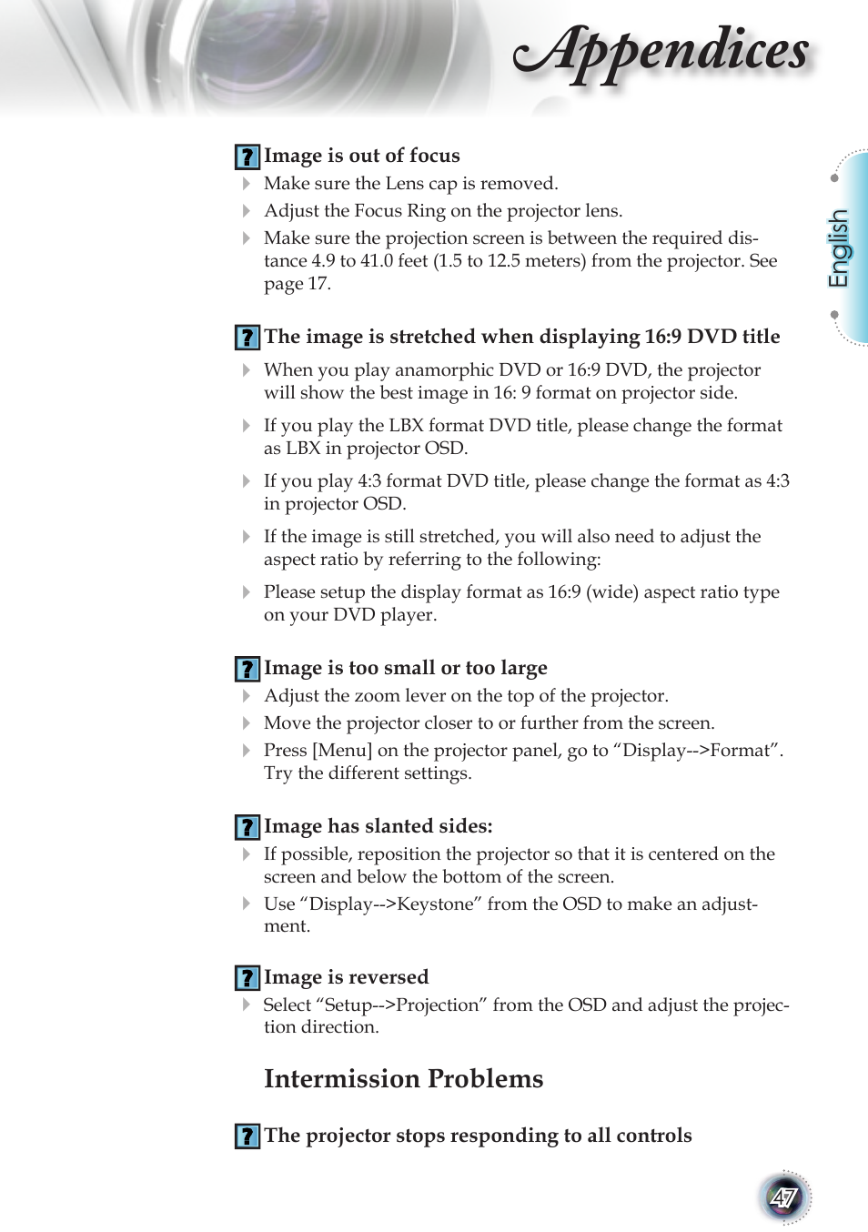 Appendices, Intermission problems, English | Optoma TSFN-IR01 User Manual | Page 47 / 60
