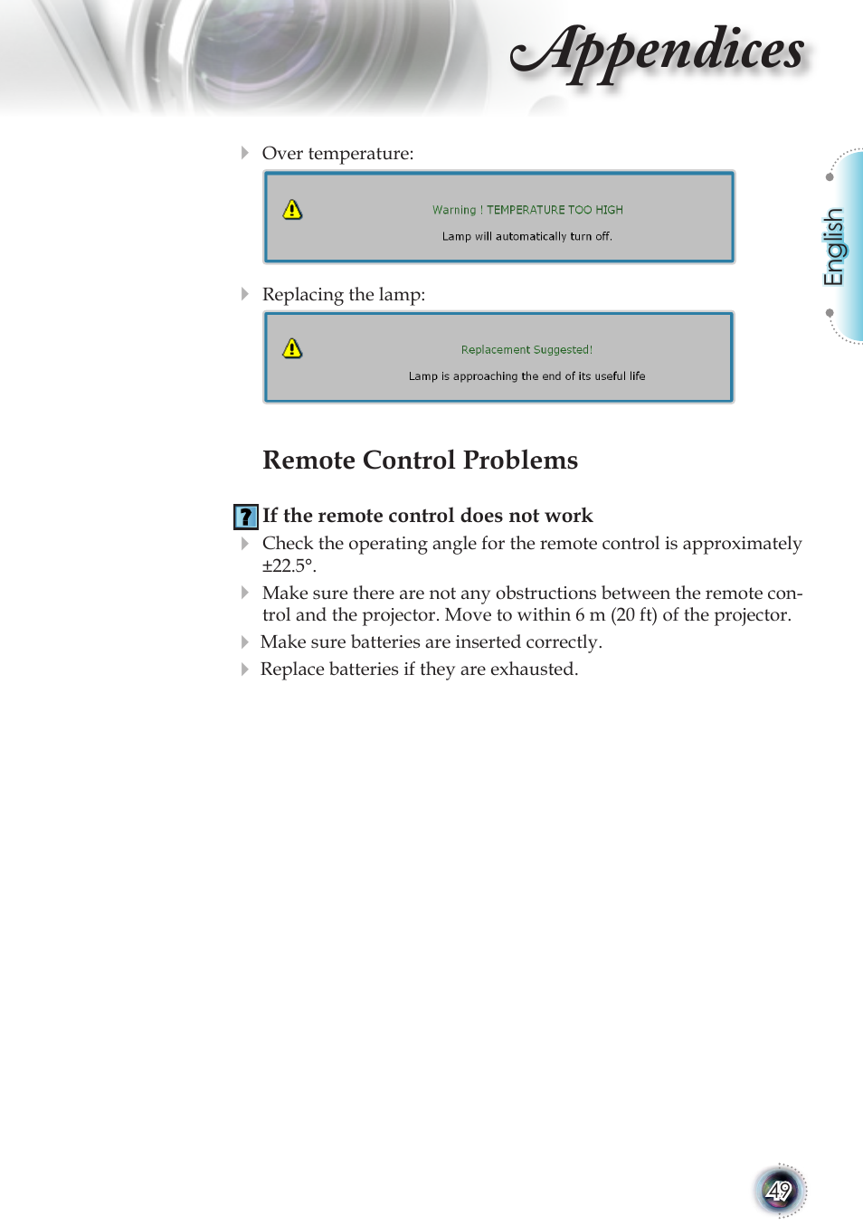 Appendices, Remote control problems | Optoma TSFN-IR01 User Manual | Page 49 / 60