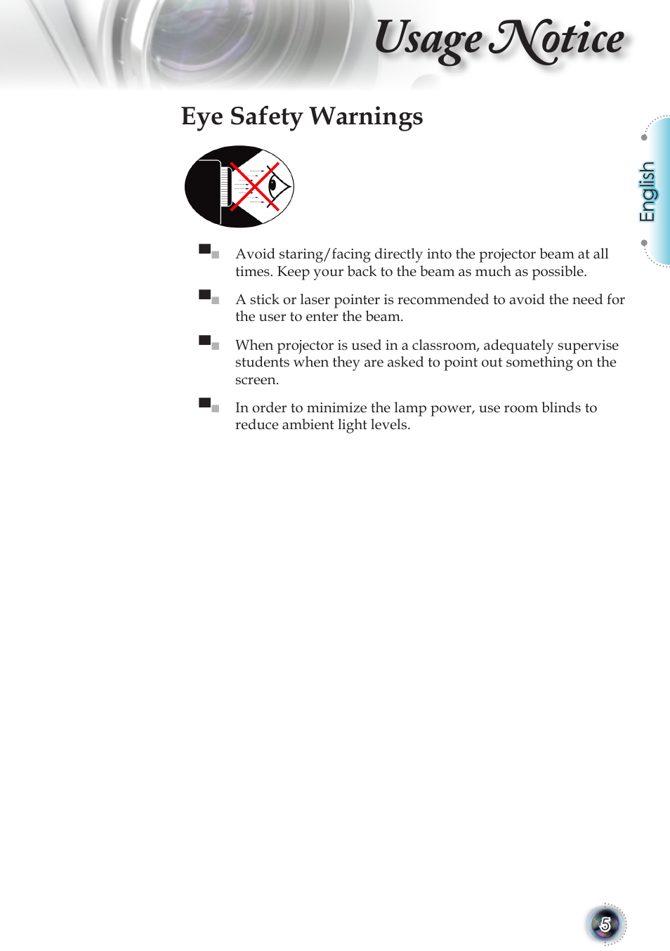 Usage notice, Eye safety warnings | Optoma TSFN-IR01 User Manual | Page 5 / 60