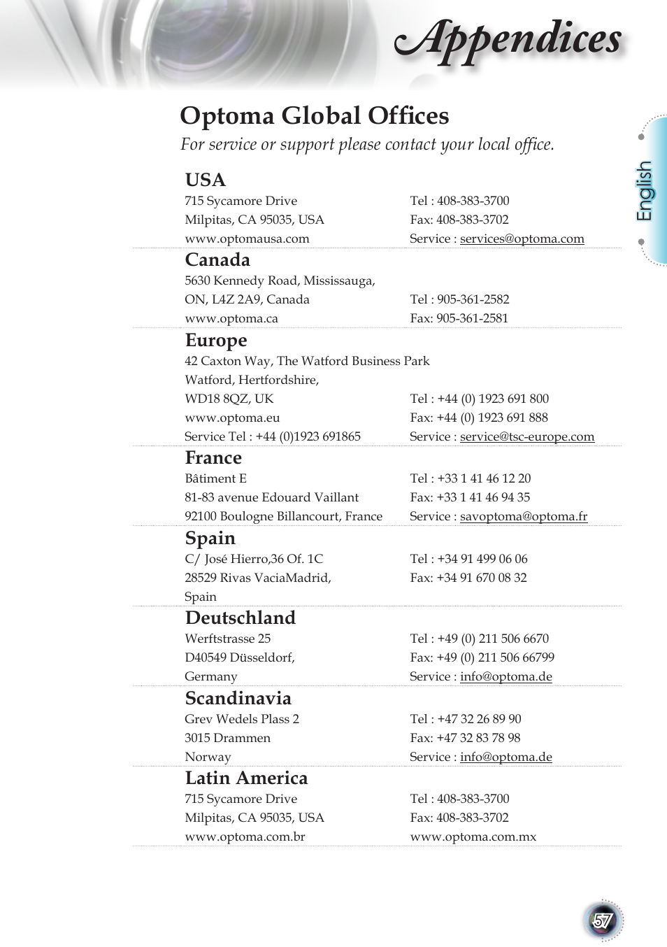 Appendices, Optoma global offices, English | Canada, Europe, France, Spain, Deutschland, Scandinavia, Latin america | Optoma TSFN-IR01 User Manual | Page 57 / 60