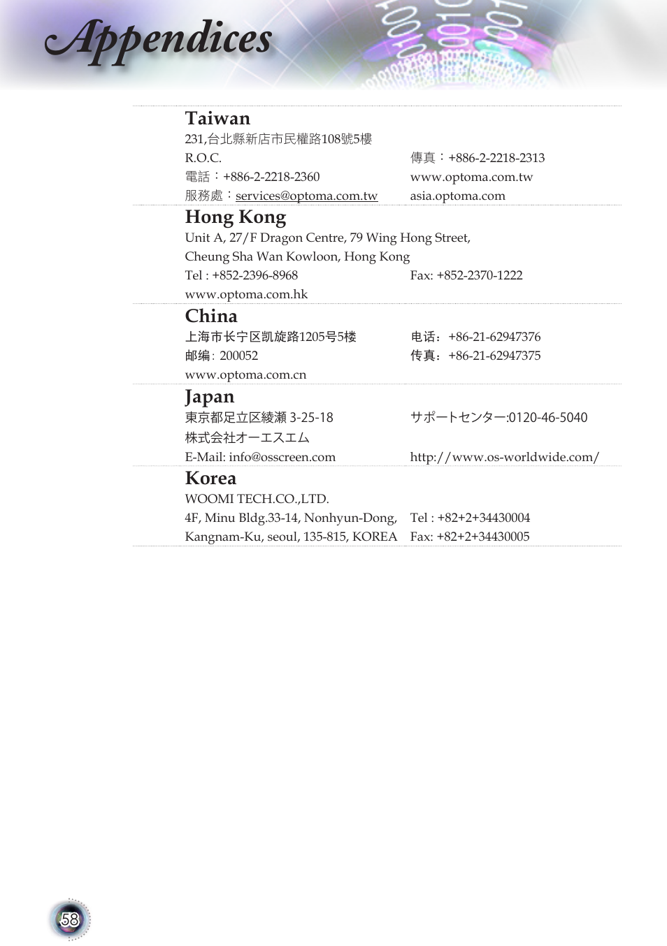 Appendices, Taiwan, Hong kong | China, Japan, Korea | Optoma TSFN-IR01 User Manual | Page 58 / 60