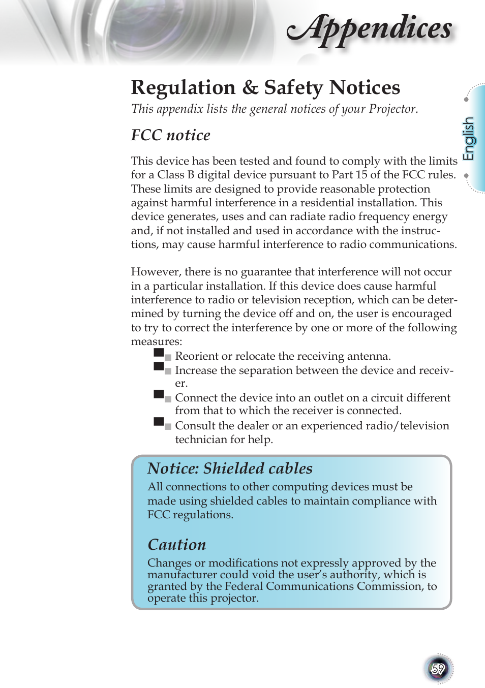 Appendices, Regulation & safety notices, Fcc notice | Notice: shielded cables, Caution | Optoma TSFN-IR01 User Manual | Page 59 / 60