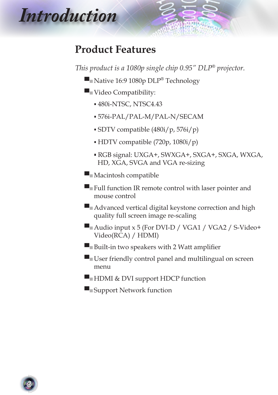 Introduction, Product features | Optoma TSFN-IR01 User Manual | Page 6 / 60