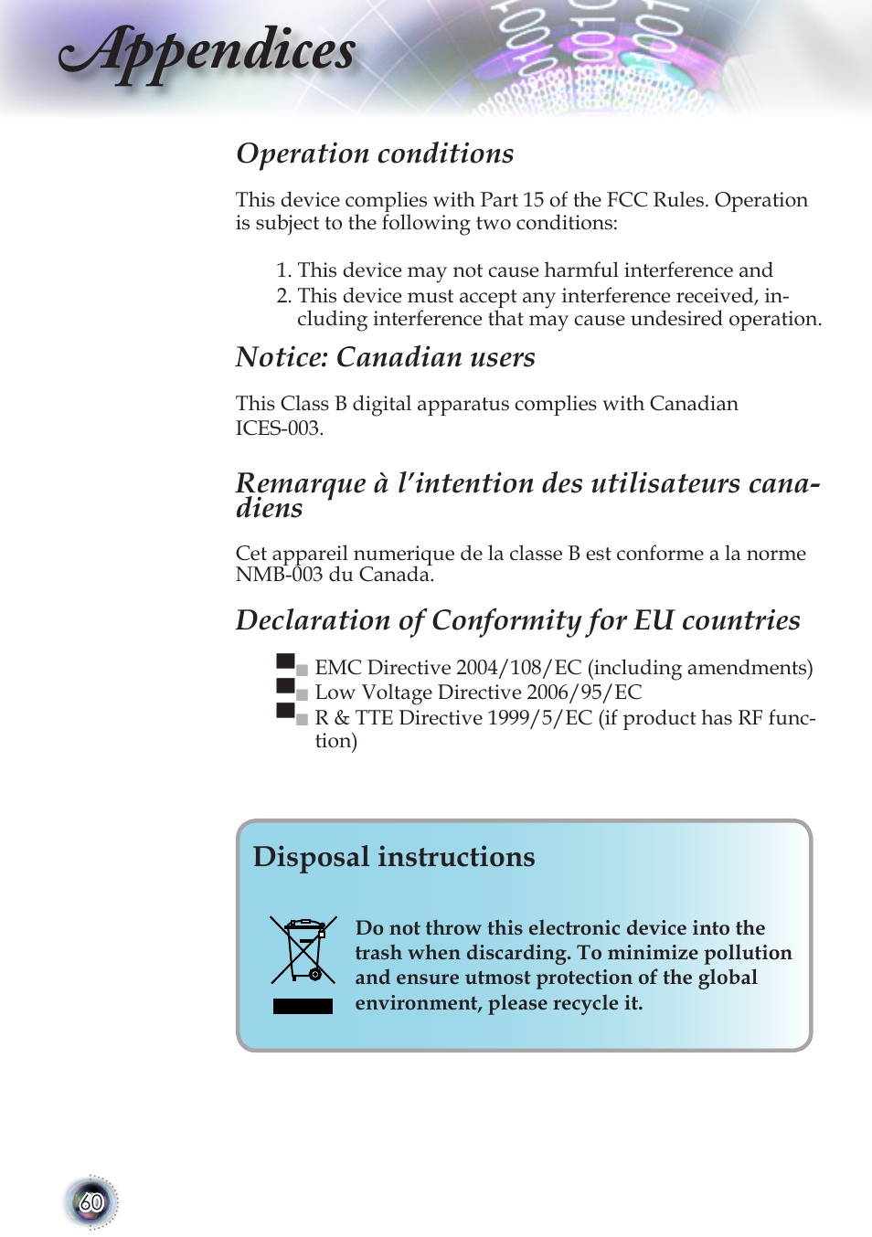 Appendices, Operation conditions, Notice: canadian users | Declaration of conformity for eu countries, Disposal instructions | Optoma TSFN-IR01 User Manual | Page 60 / 60