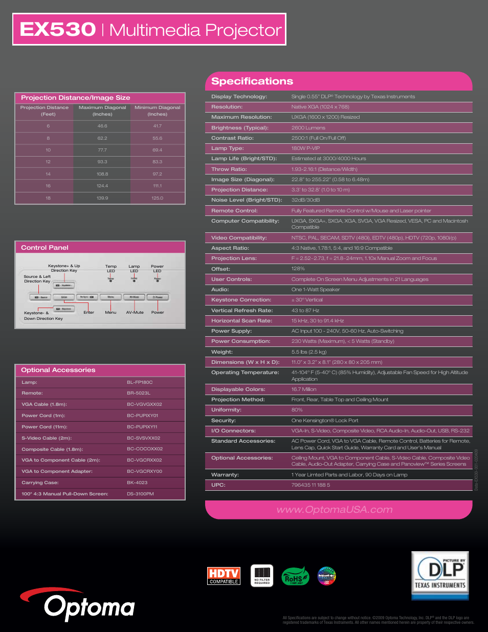 Ex530_back, Ex530, Multimedia projector | Specifications | Optoma Optoma EX530 User Manual | Page 2 / 2