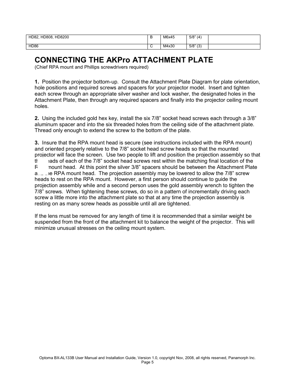 Connecting the akpro attachment plate | Optoma BX-AL133B User Manual | Page 5 / 8