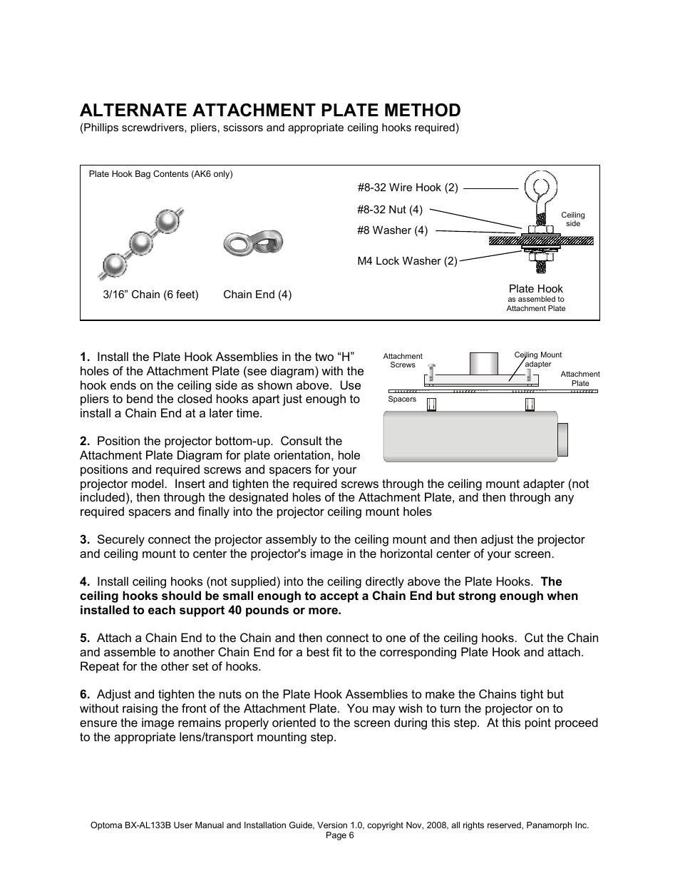 Alternate attachment plate method | Optoma BX-AL133B User Manual | Page 6 / 8