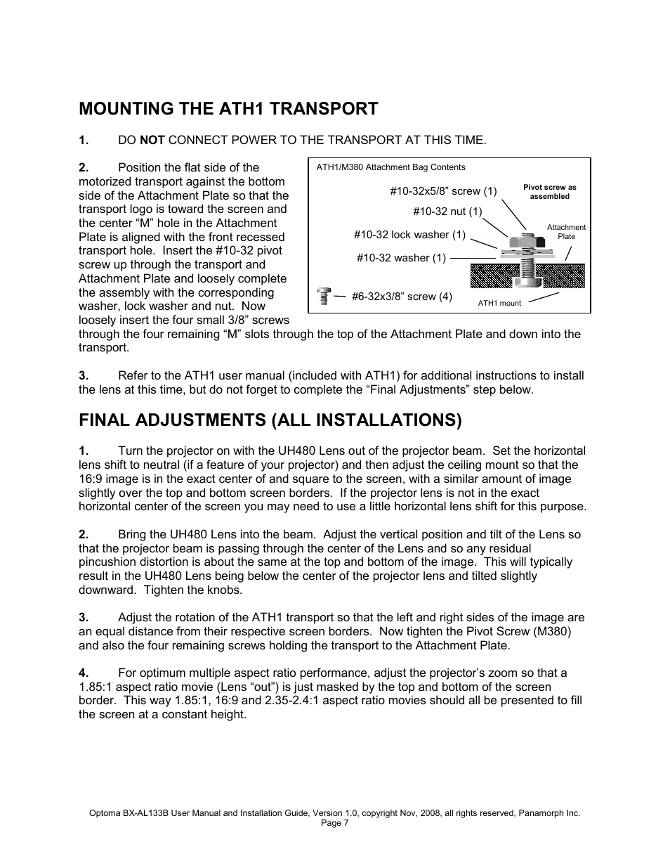 Mounting the ath1 transport, Final adjustments (all installations) | Optoma BX-AL133B User Manual | Page 7 / 8
