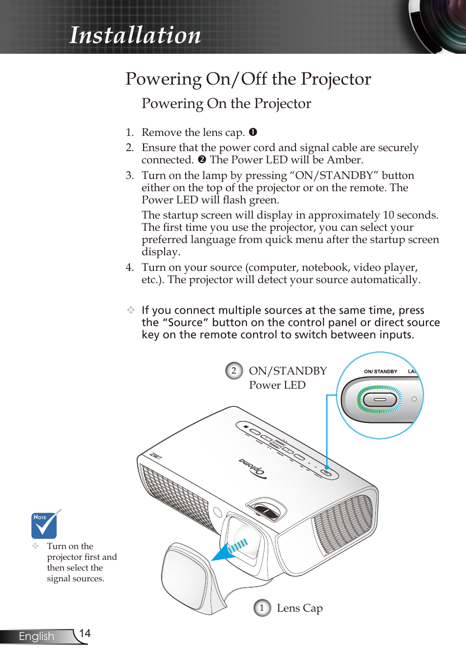 Installation, Powering on/off the projector, Powering on the projector | Optoma RMC-25key User Manual | Page 14 / 58