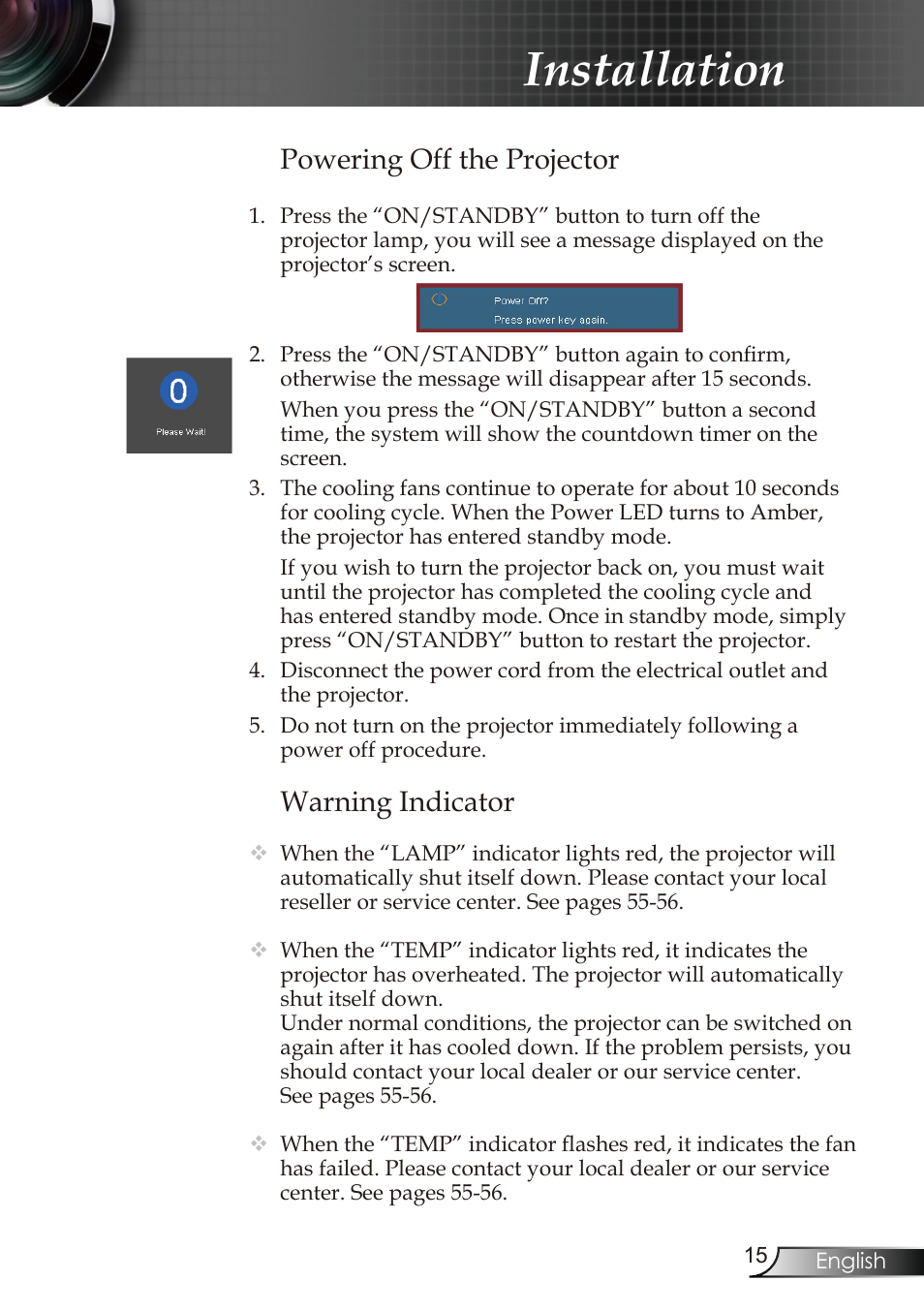 Installation, Warning indicator, Powering off the projector | Optoma RMC-25key User Manual | Page 15 / 58
