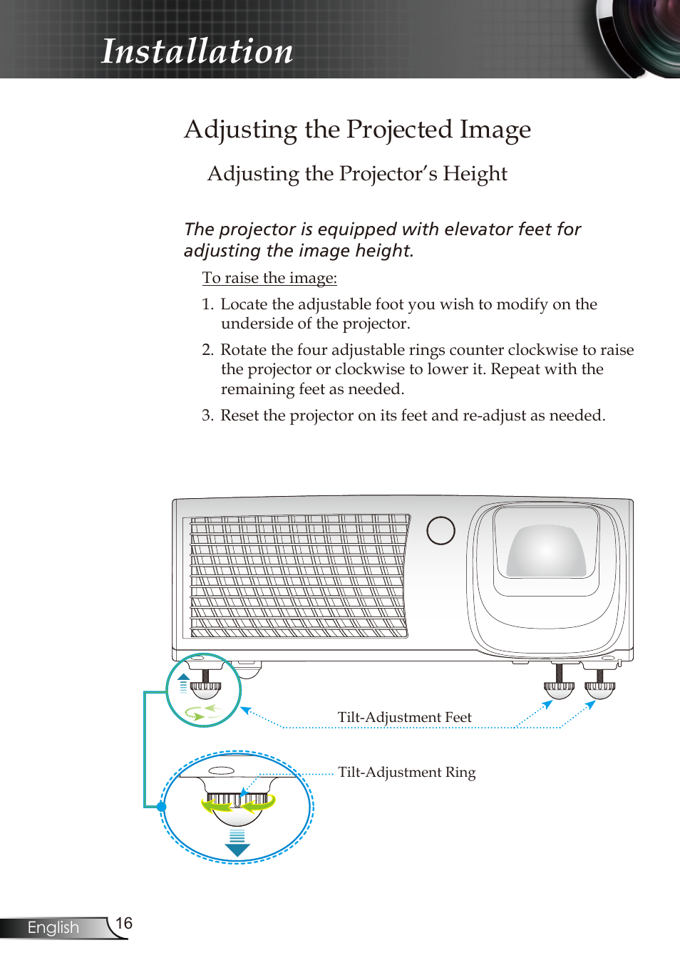 Installation, Adjusting the projected image, Adjusting the projector’s height | Optoma RMC-25key User Manual | Page 16 / 58