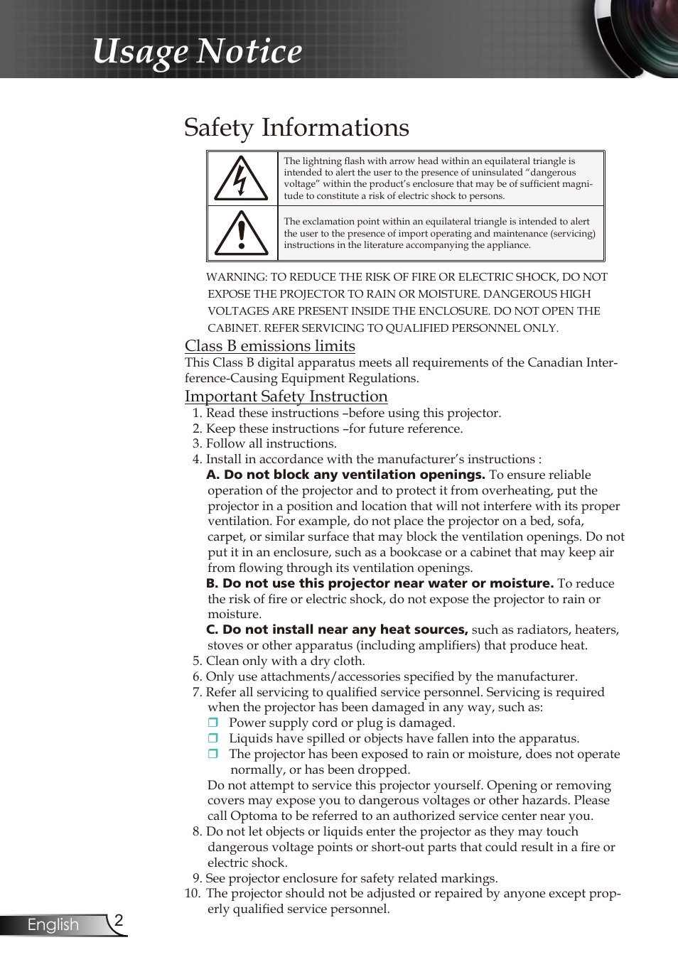 Usage notice, Safety informations, 2english | Class b emissions limits, Important safety instruction | Optoma RMC-25key User Manual | Page 2 / 58
