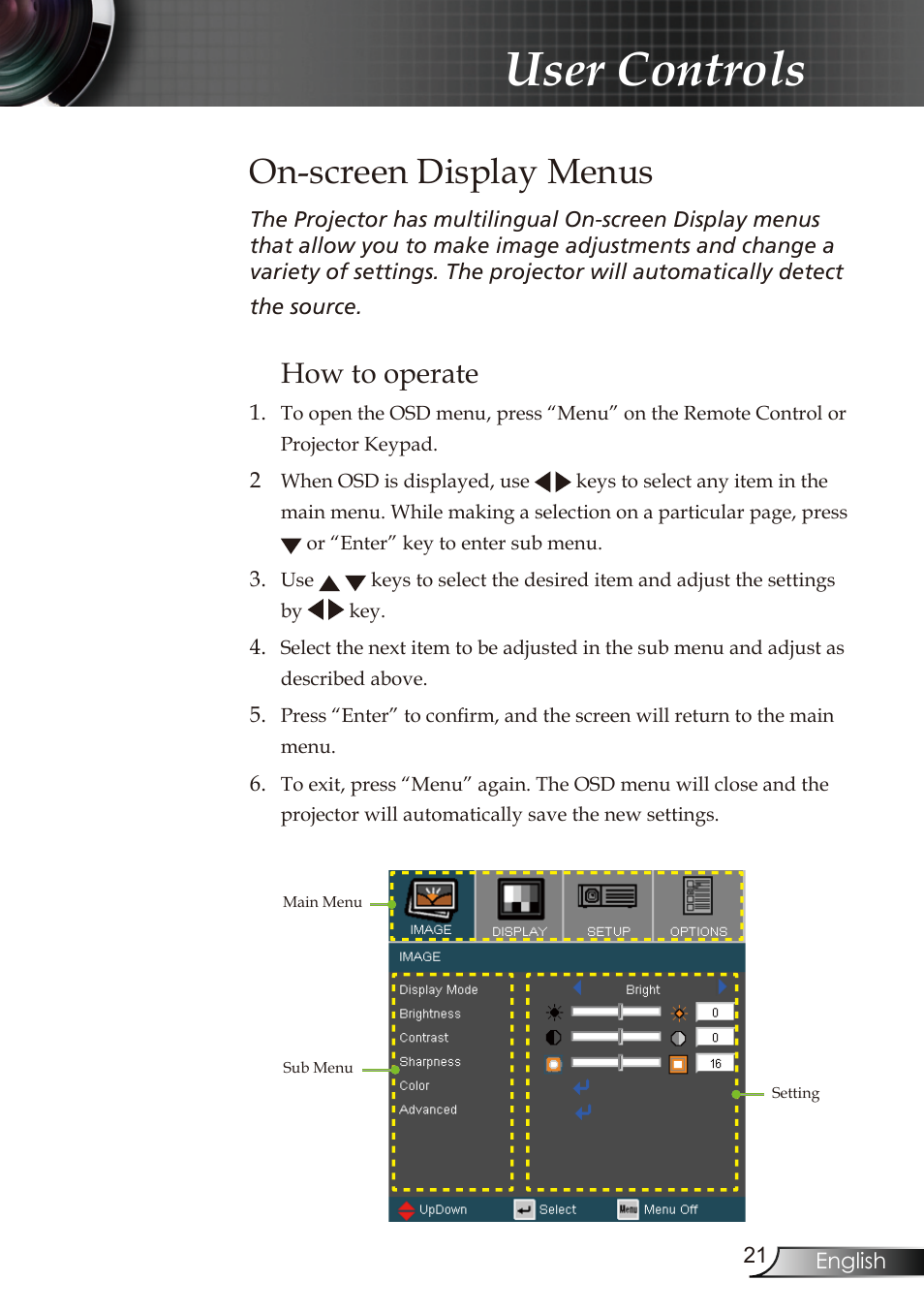 User controls, On-screen display menus, How to operate | Optoma RMC-25key User Manual | Page 21 / 58