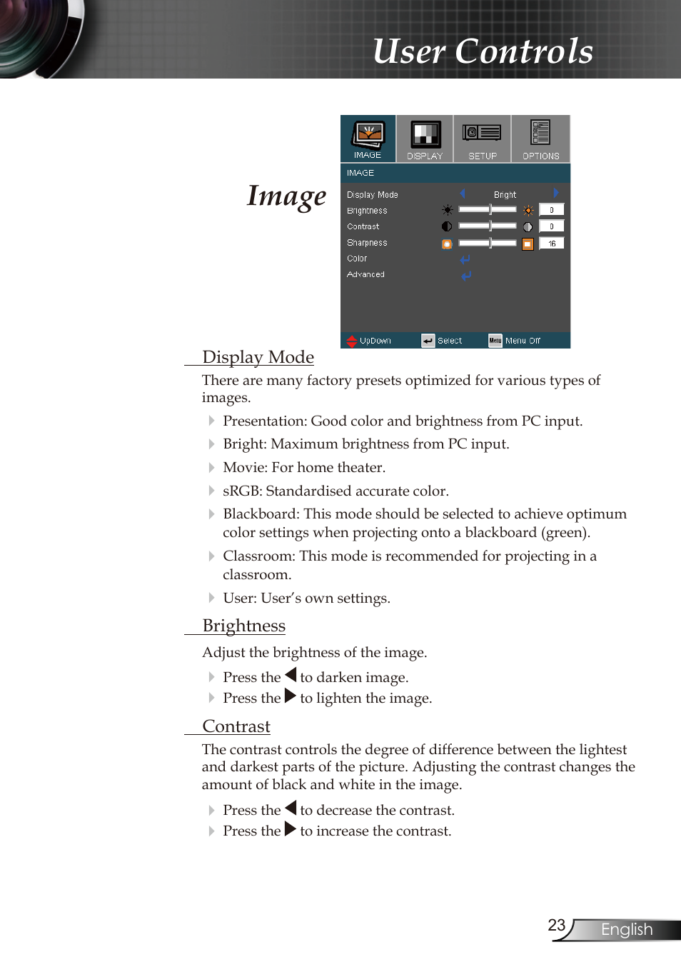 User controls, Image | Optoma RMC-25key User Manual | Page 23 / 58
