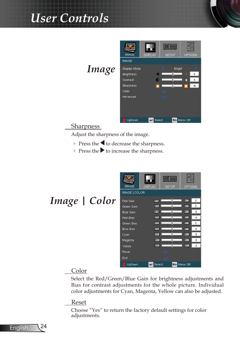 User controls, Image | color image | Optoma RMC-25key User Manual | Page 24 / 58