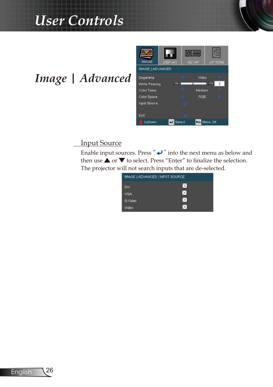 User controls, Image | advanced | Optoma RMC-25key User Manual | Page 26 / 58
