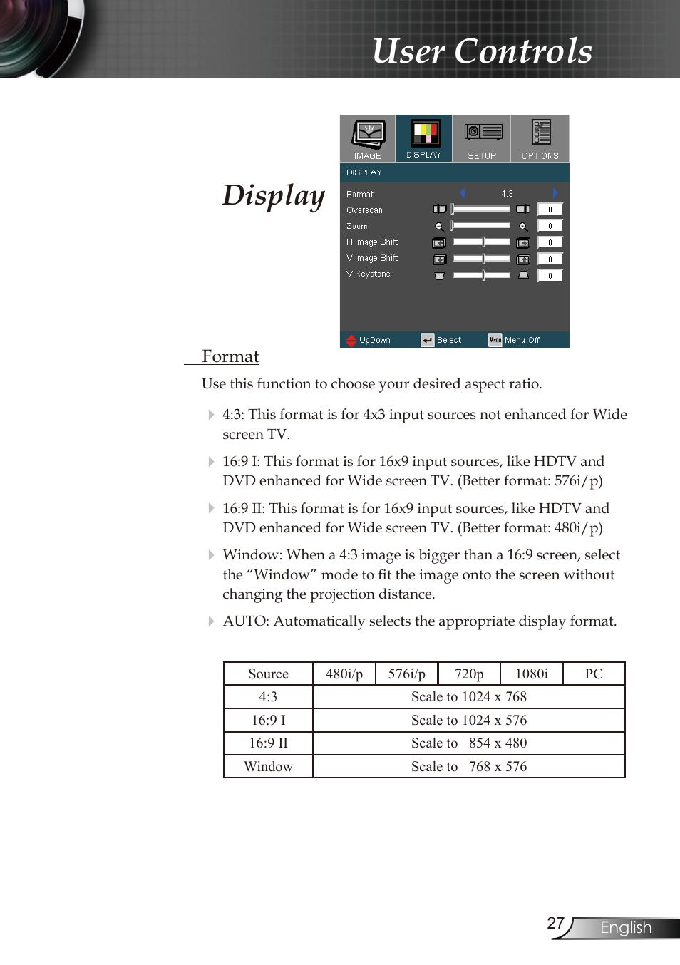 User controls, Display | Optoma RMC-25key User Manual | Page 27 / 58