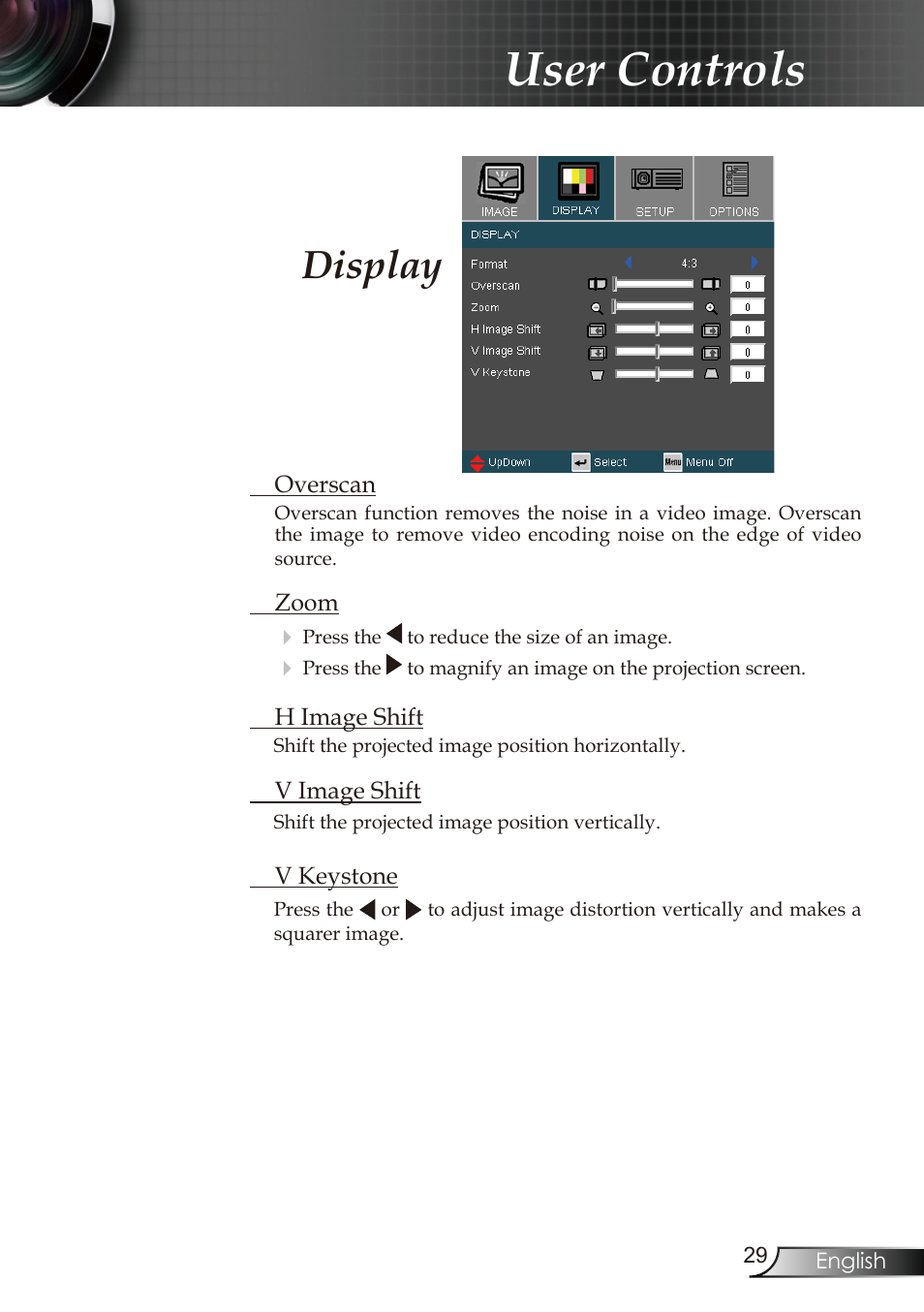 User controls, Display | Optoma RMC-25key User Manual | Page 29 / 58
