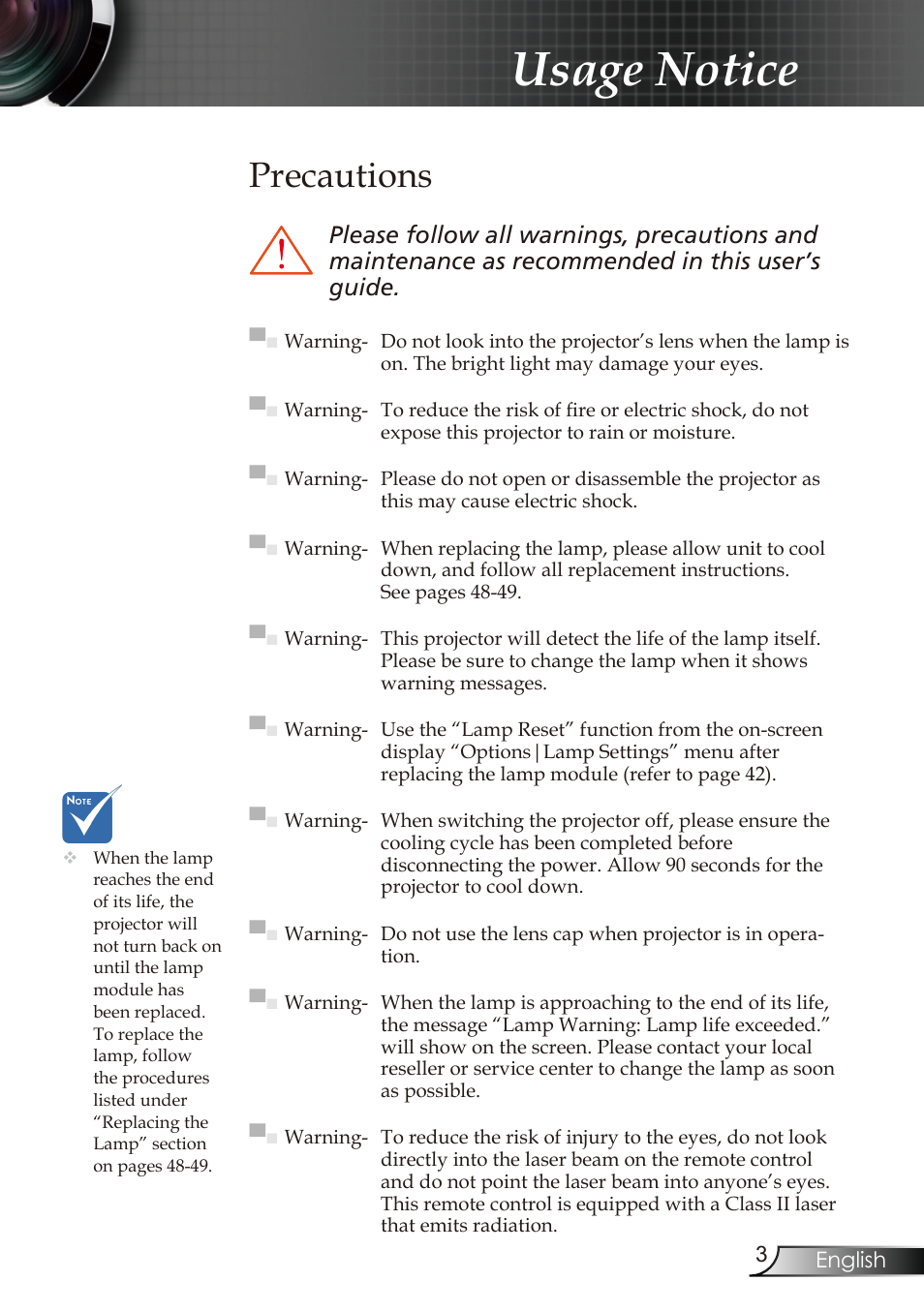 Usage notice, Precautions | Optoma RMC-25key User Manual | Page 3 / 58