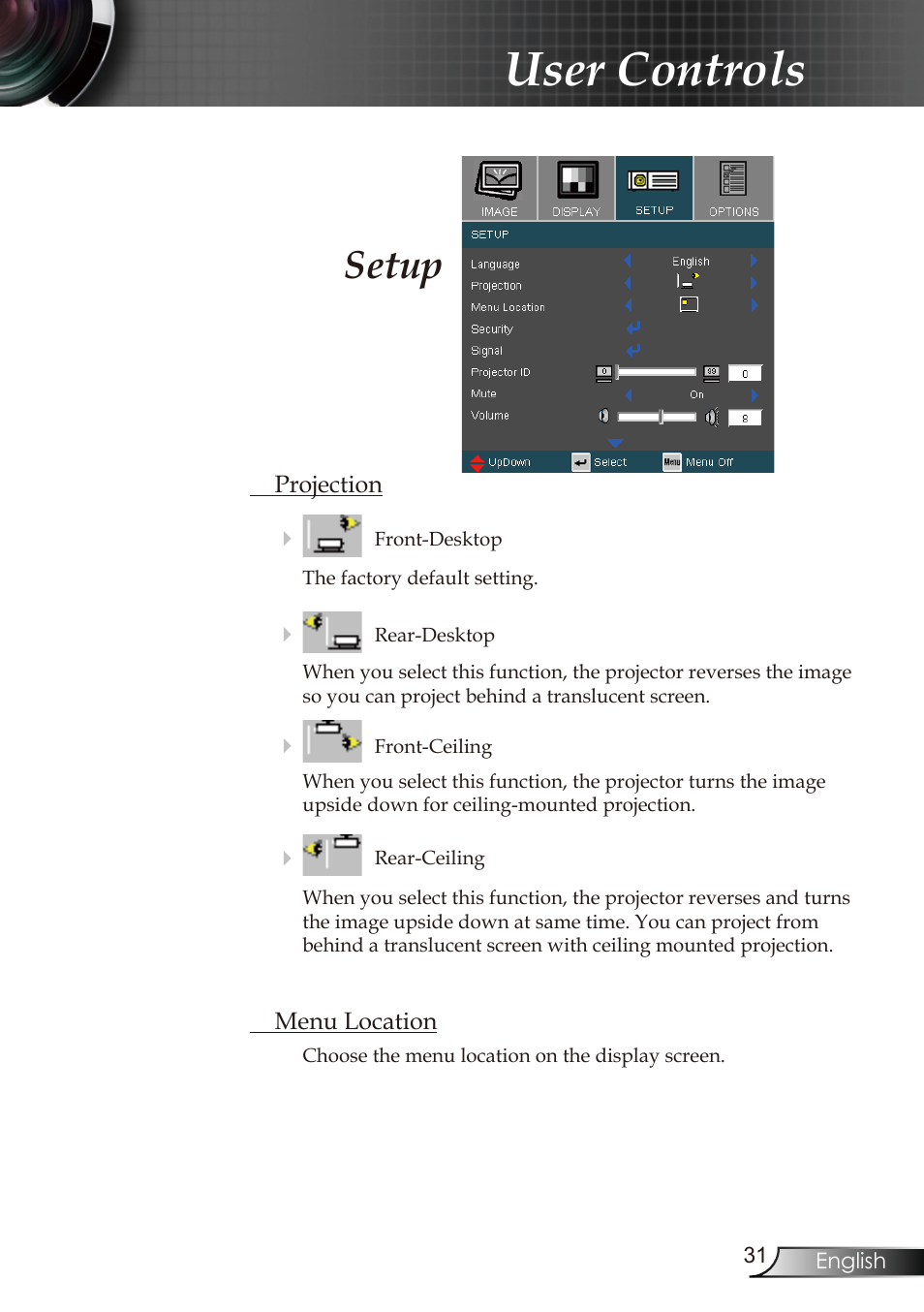 User controls, Setup | Optoma RMC-25key User Manual | Page 31 / 58