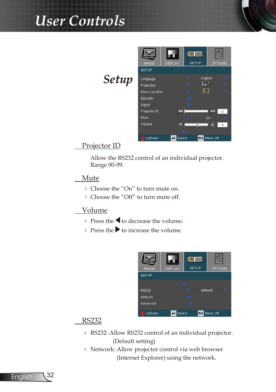 User controls, Setup | Optoma RMC-25key User Manual | Page 32 / 58