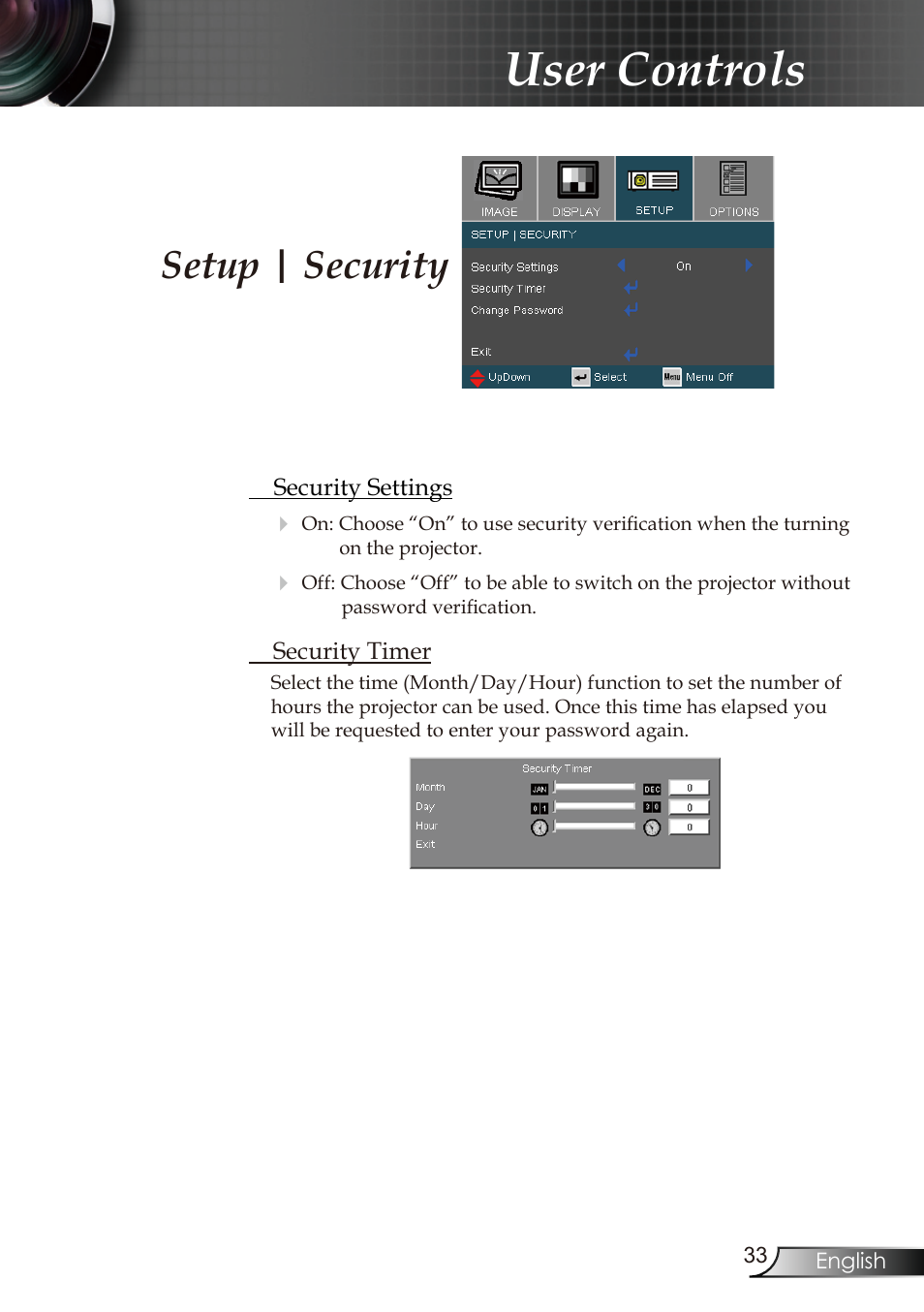 User controls, Setup | security | Optoma RMC-25key User Manual | Page 33 / 58