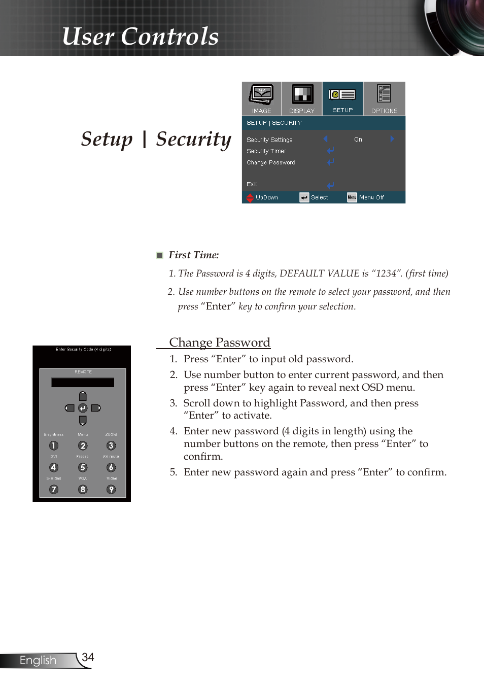 User controls, Setup | security | Optoma RMC-25key User Manual | Page 34 / 58