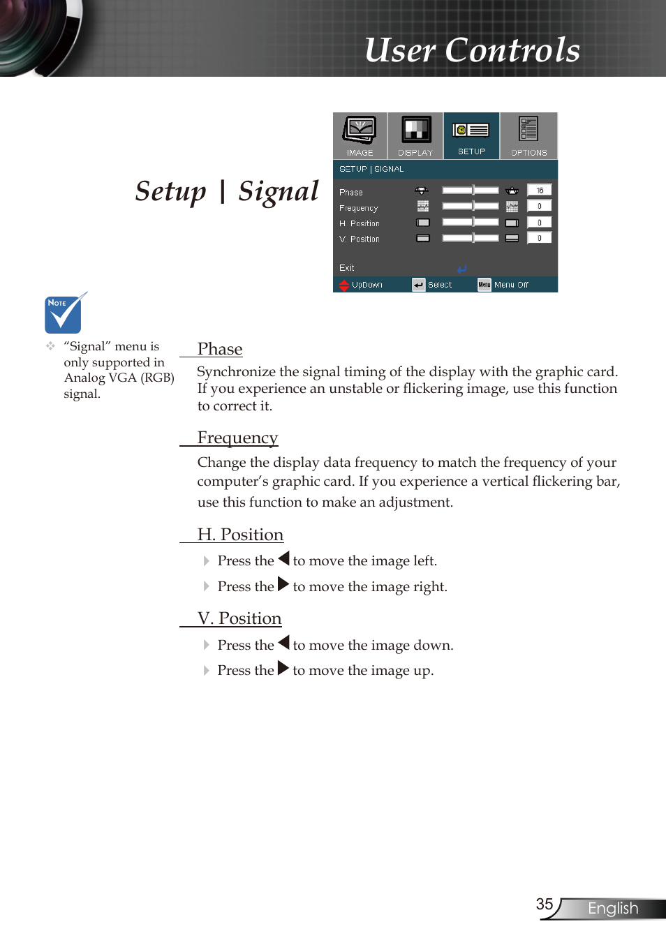 User controls, Setup | signal | Optoma RMC-25key User Manual | Page 35 / 58