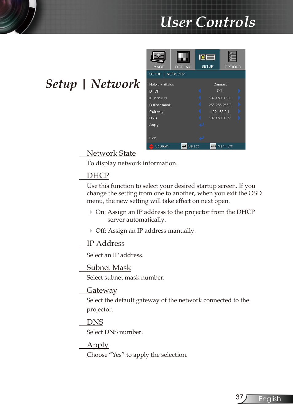 User controls, Setup | network | Optoma RMC-25key User Manual | Page 37 / 58