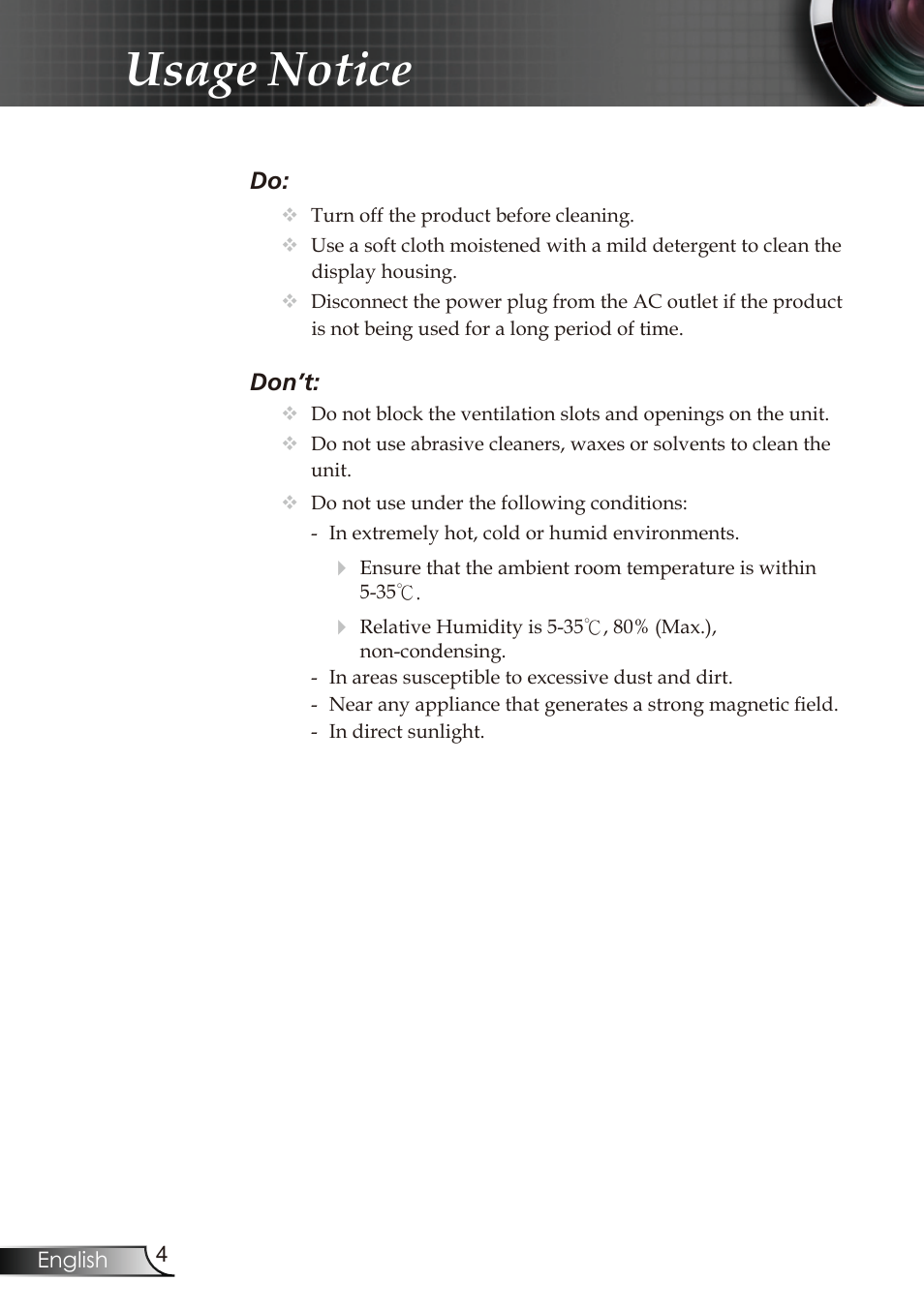 Usage notice | Optoma RMC-25key User Manual | Page 4 / 58