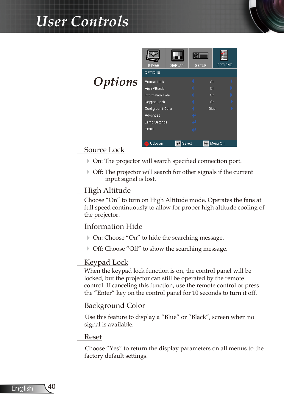 User controls, Options | Optoma RMC-25key User Manual | Page 40 / 58