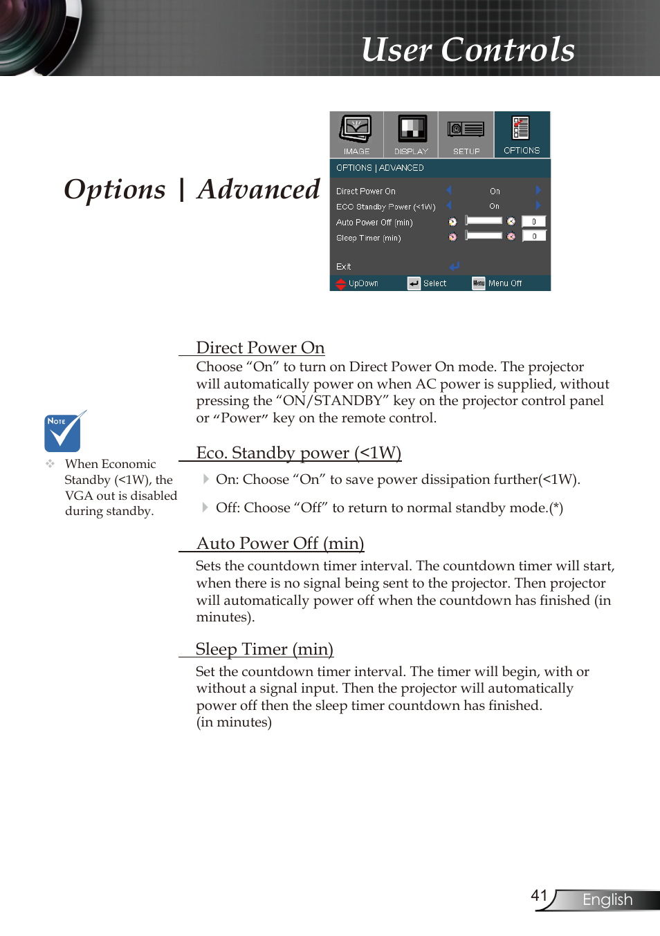 User controls, Options | advanced | Optoma RMC-25key User Manual | Page 41 / 58