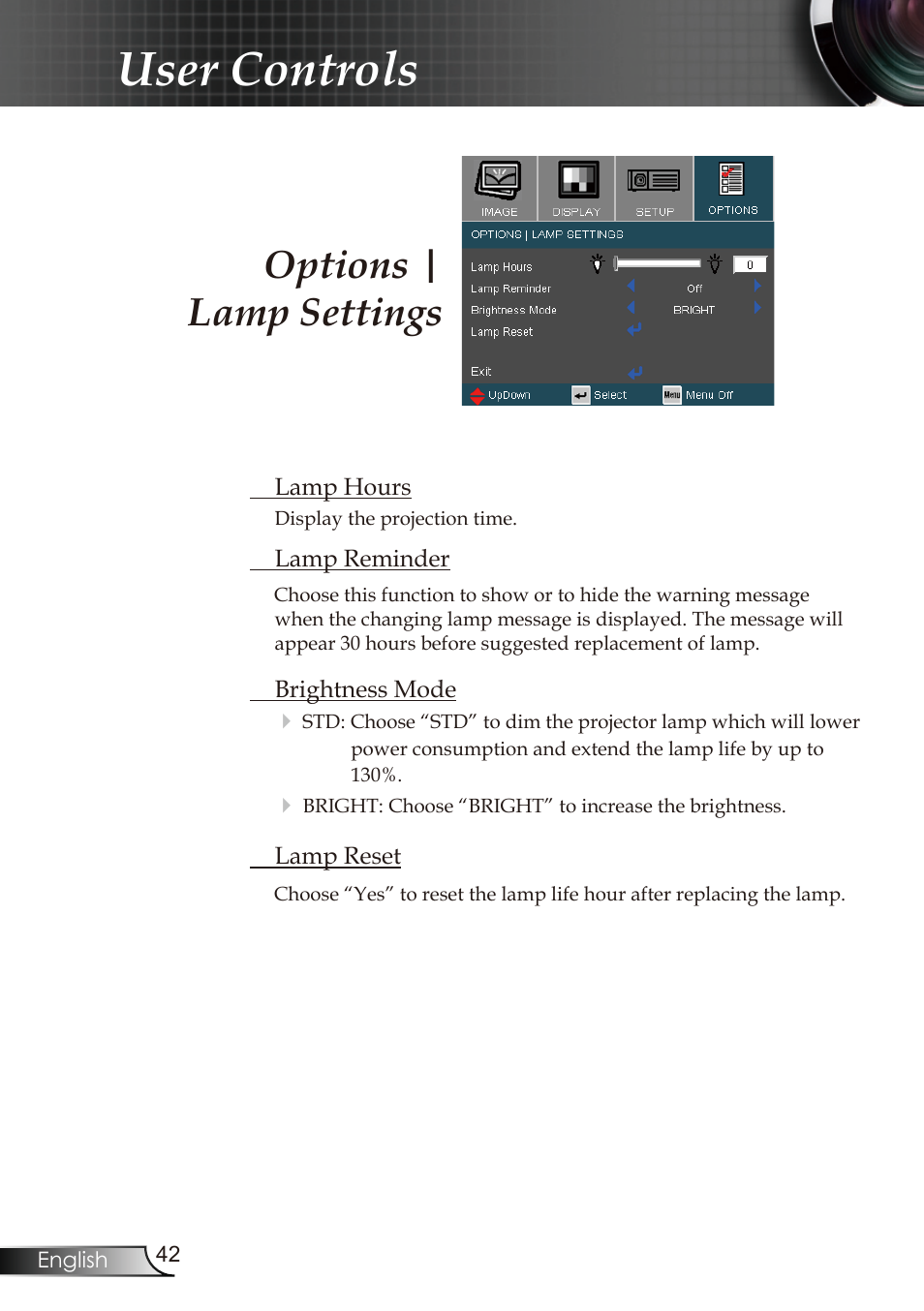 User controls, Options | lamp settings | Optoma RMC-25key User Manual | Page 42 / 58