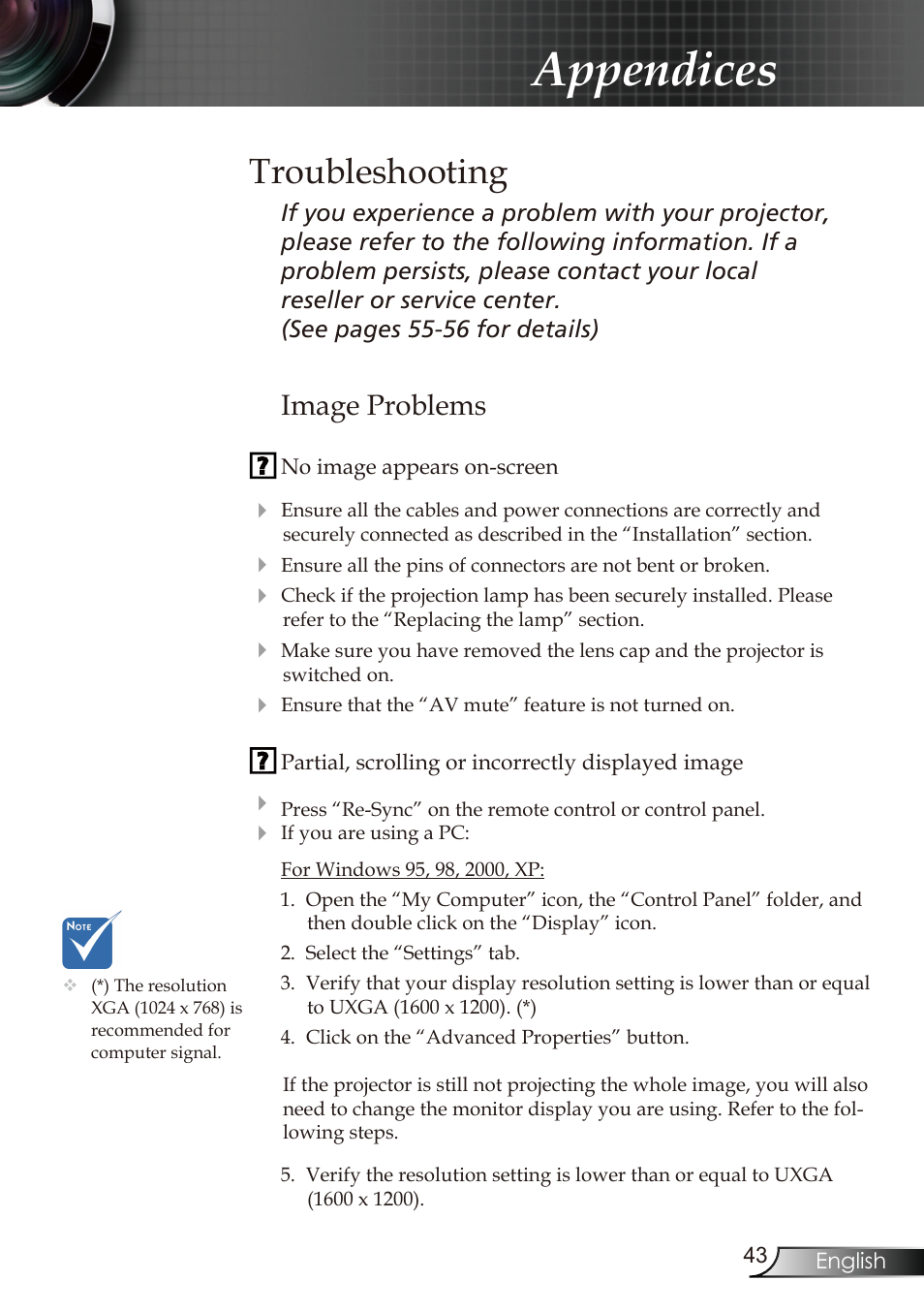 Appendices, Troubleshooting, Image problems | Optoma RMC-25key User Manual | Page 43 / 58