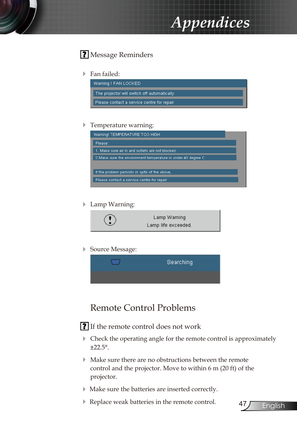 Appendices, Remote control problems | Optoma RMC-25key User Manual | Page 47 / 58