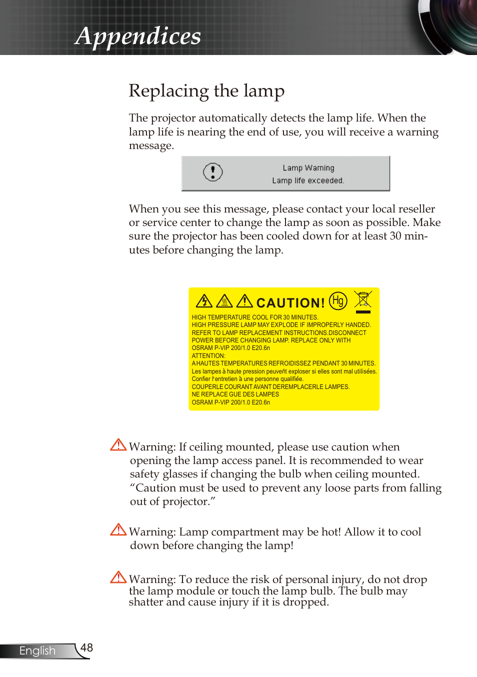 Appendices, Replacing the lamp, Caution | Optoma RMC-25key User Manual | Page 48 / 58