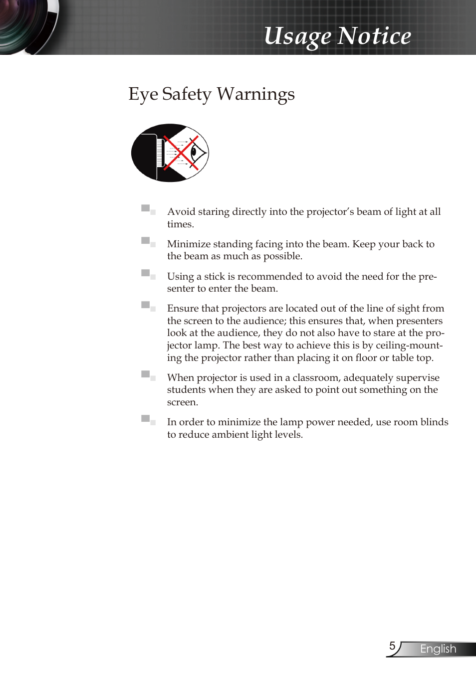 Usage notice, Eye safety warnings | Optoma RMC-25key User Manual | Page 5 / 58