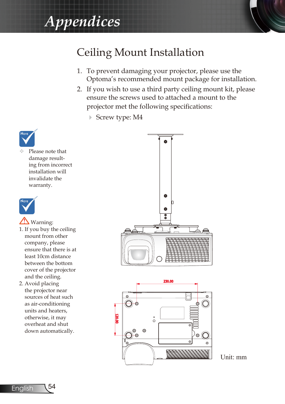Appendices, Ceiling mount installation | Optoma RMC-25key User Manual | Page 54 / 58