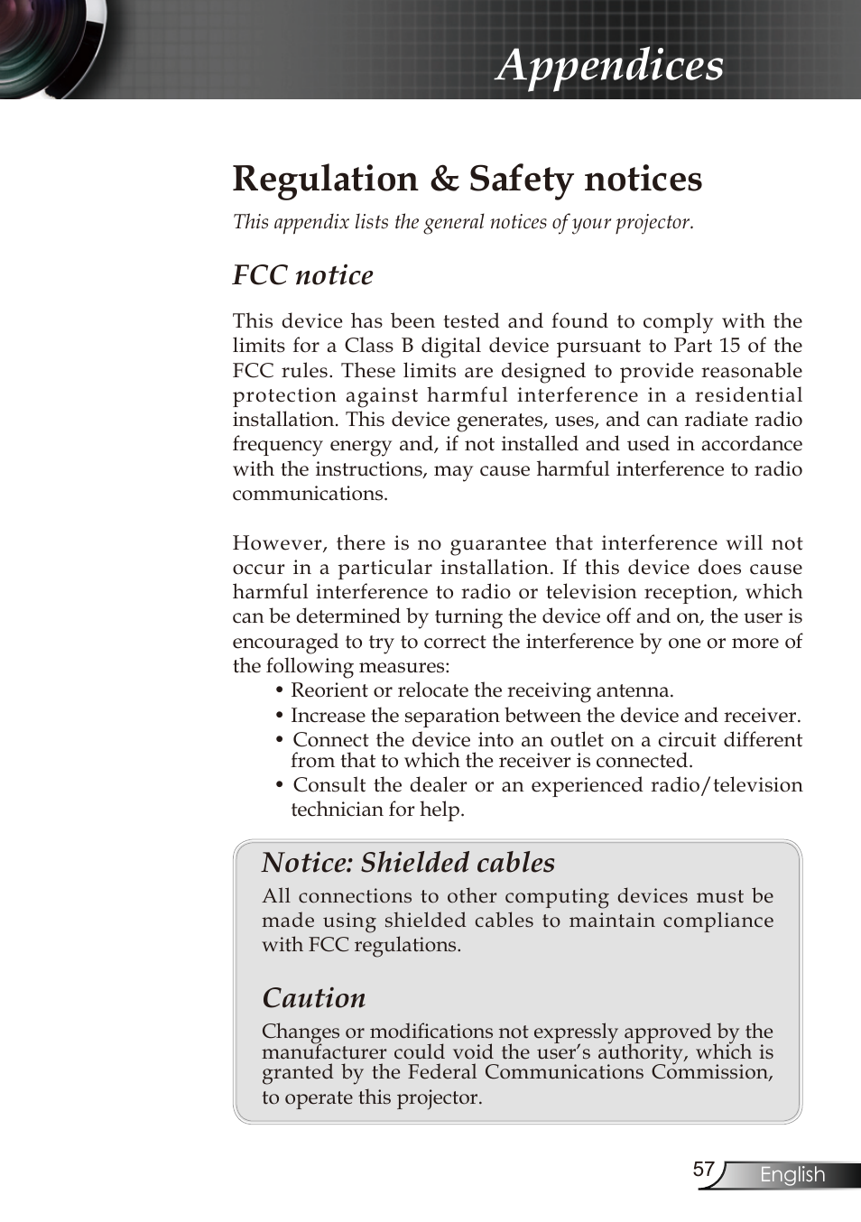 Appendices, Regulation & safety notices, Fcc notice | Notice: shielded cables, Caution | Optoma RMC-25key User Manual | Page 57 / 58