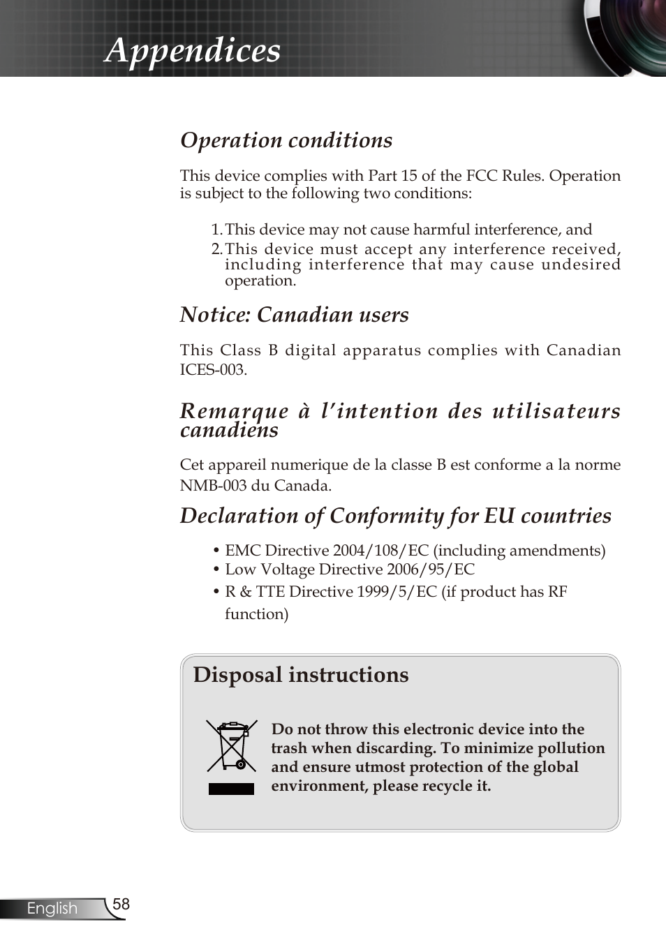 Appendices, Operation conditions, Notice: canadian users | Remarque à l’intention des utilisateurs canadiens, Declaration of conformity for eu countries, Disposal instructions | Optoma RMC-25key User Manual | Page 58 / 58