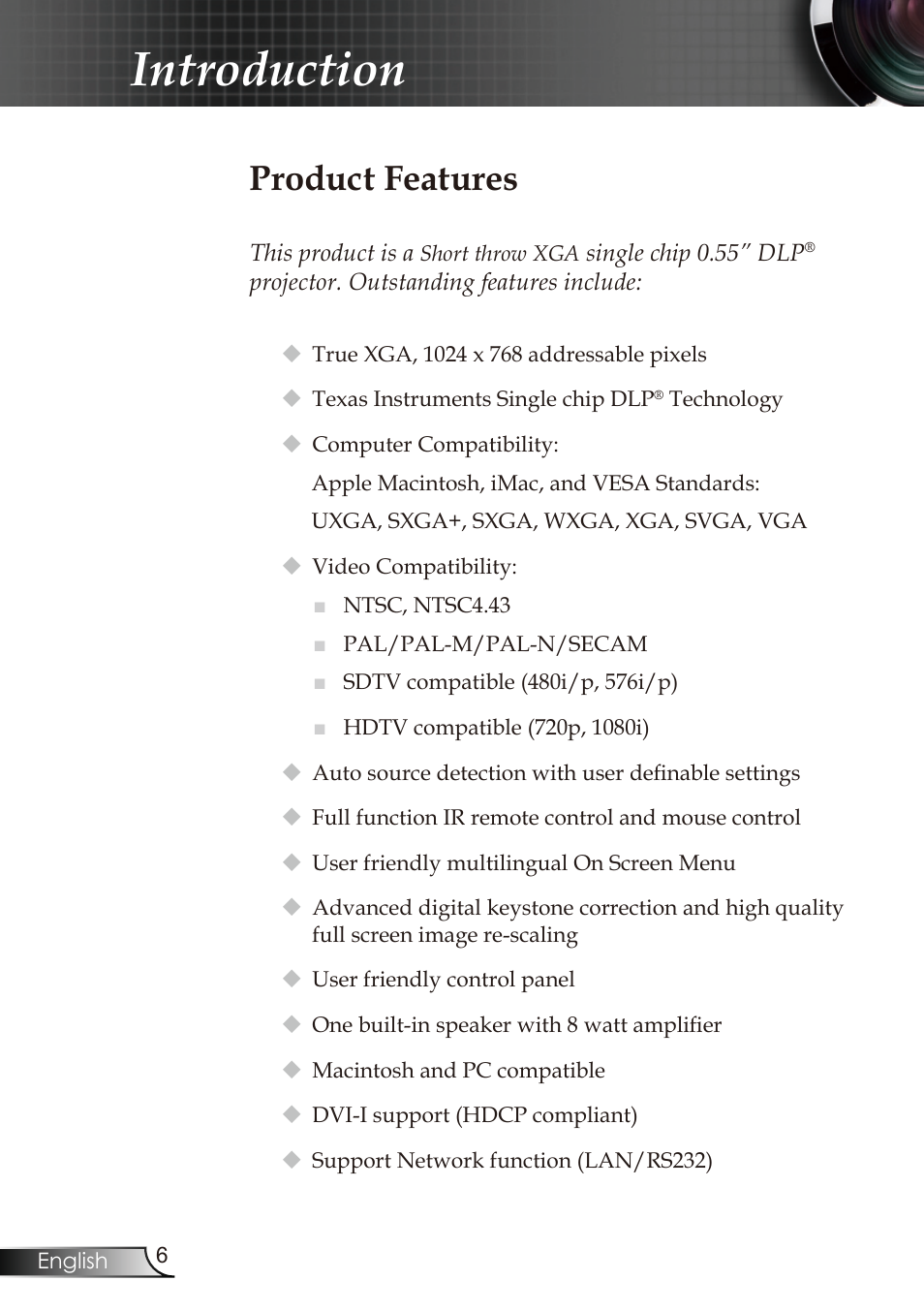 Introduction, Product features | Optoma RMC-25key User Manual | Page 6 / 58