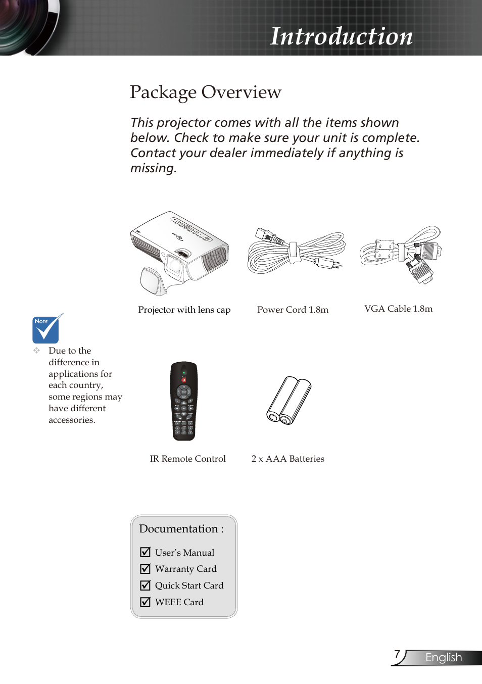 Introduction, Package overview | Optoma RMC-25key User Manual | Page 7 / 58