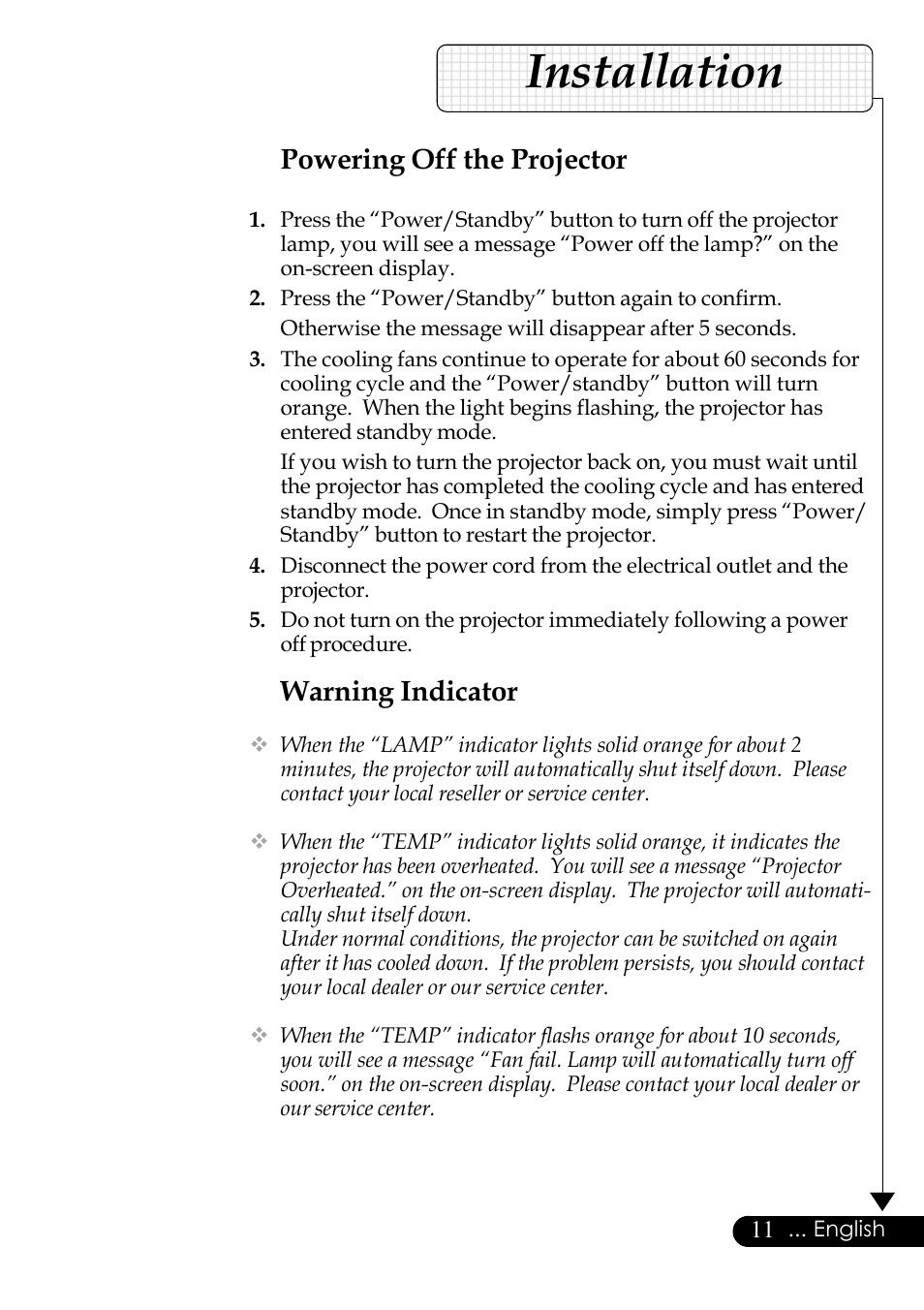 Installation, Powering off the projector, Warning indicator | Optoma Digital Tuner Output Projector User Manual | Page 11 / 31