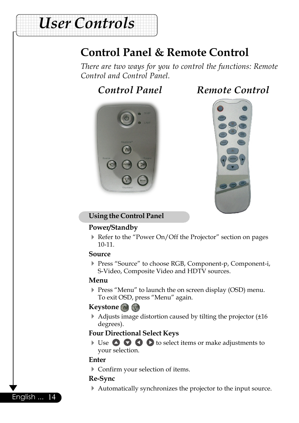 User controls, Control panel & remote control, Remote control control panel | Optoma Digital Tuner Output Projector User Manual | Page 14 / 31