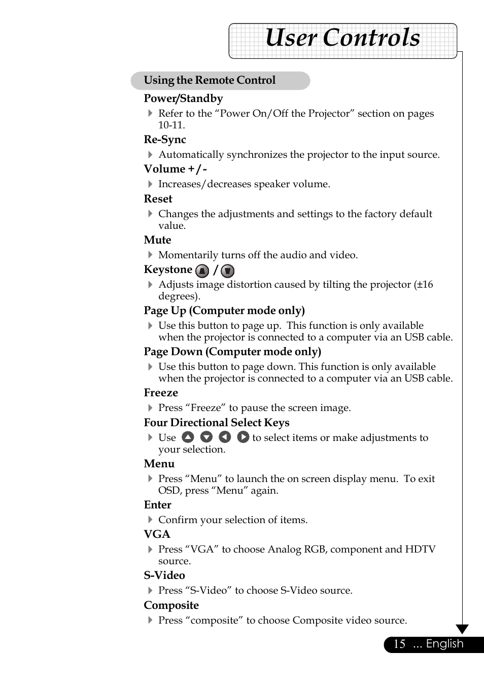 User controls | Optoma Digital Tuner Output Projector User Manual | Page 15 / 31