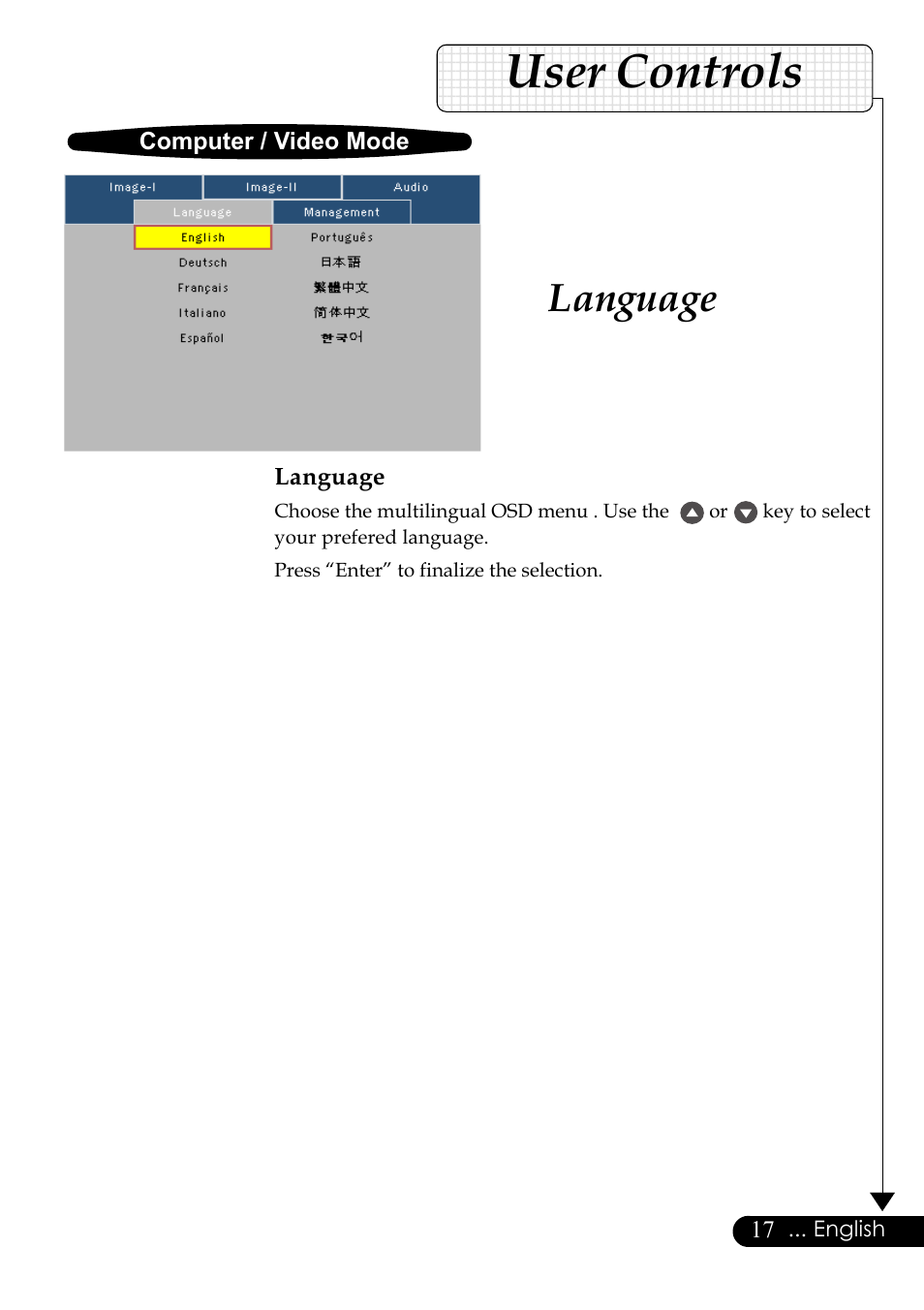 User controls, Language, Computer / video mode | English | Optoma Digital Tuner Output Projector User Manual | Page 17 / 31