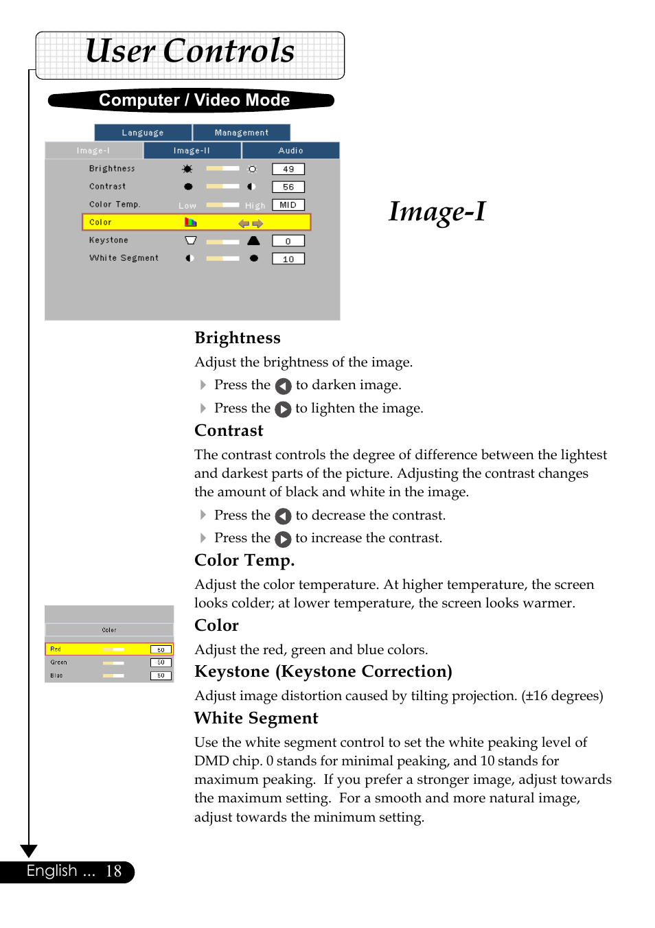 User controls, Image-i, Brightness | Contrast, Color temp, Color, Keystone (keystone correction), White segment, Computer / video mode, English | Optoma Digital Tuner Output Projector User Manual | Page 18 / 31
